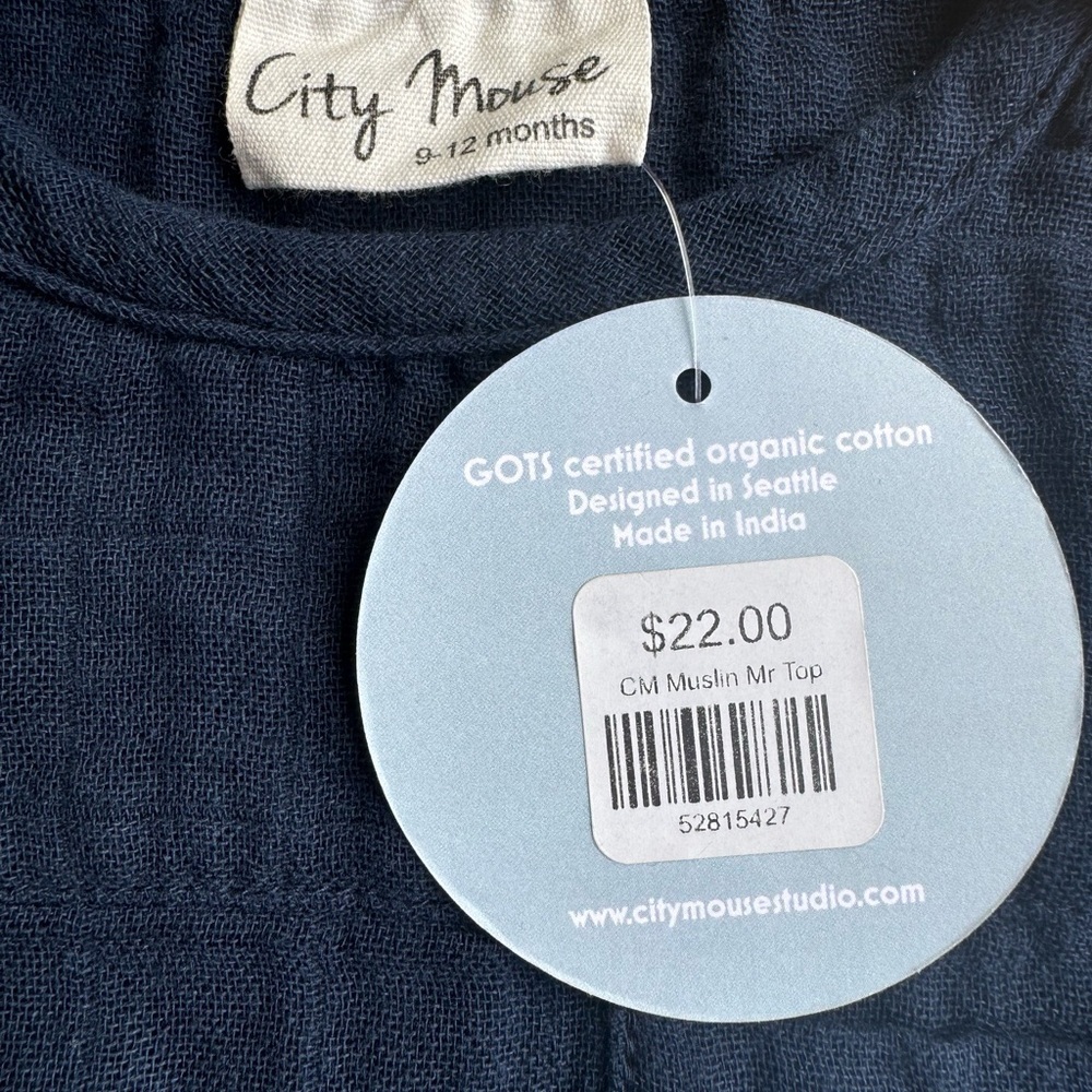 NWT City Mouse Organic Cotton Muslin Long Sleeve Top Blue 9-12 Mths unisex - Picture 4 of 6